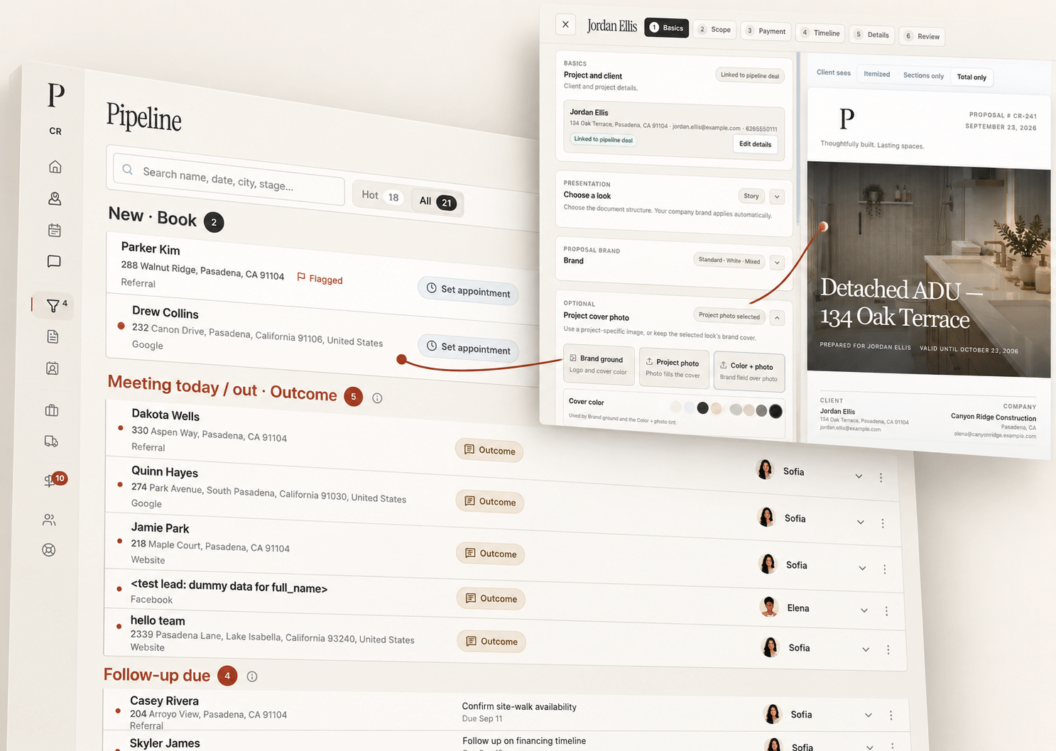 Pillar pipeline connected to the proposal editor and client proposal preview